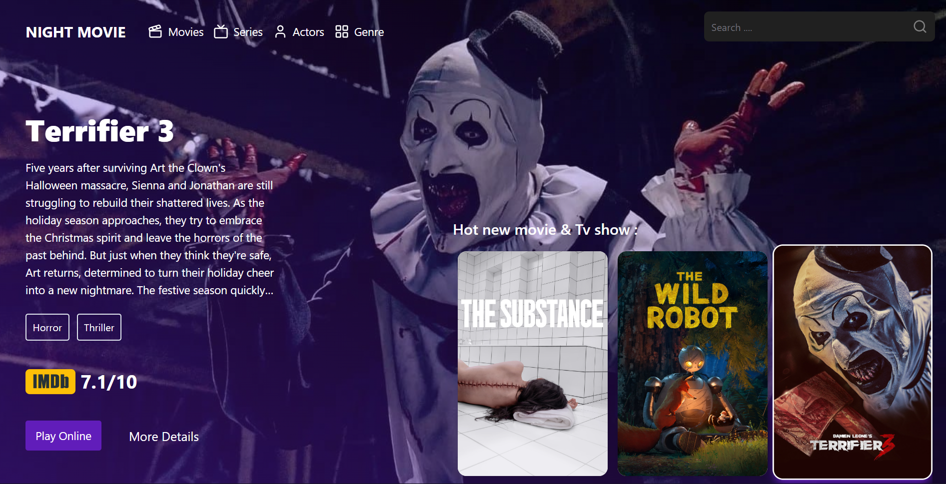 Screenshot of Night Movie search and filter interface